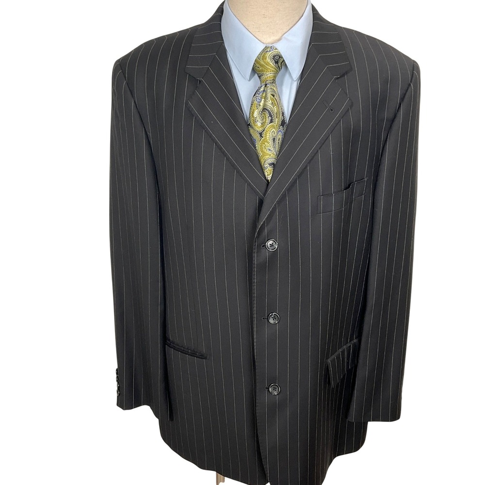 Baroni Couture Blazer Mens 46L Black Pinstripe Super 150s‎ 3 Button Jacket Wool